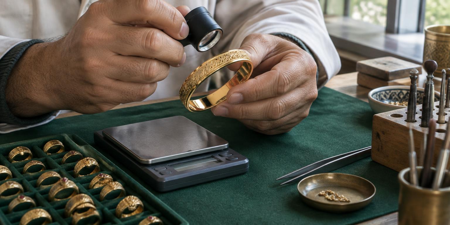 صائغ يفحص سوارًا ذهبيًا على طاولة العمل